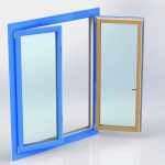Finestra Luce3 in PVC blu e interno effetto legno, con apertura anta singola e profilo ridotto