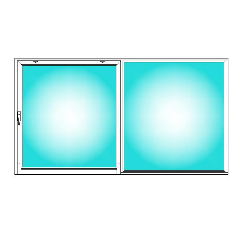 Schema tecnico finestra scorrevole parallelo in PVC con vetrata fissa e anta a ribalta